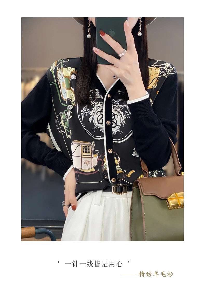 Women's Printed Stitching Wool Cardigan
