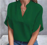 Women Solid V-Neck Short Sleeve Blouse