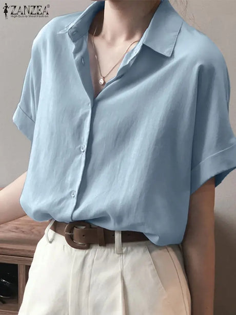 ZanzeaEase™ oversized summer blouse in light blue, featuring a button-down design and relaxed fit.