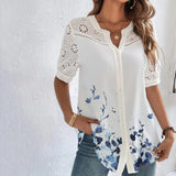 LaceMood™ elegant casual lace shirt for women, featuring floral print and loose short sleeves, perfect for holidays.