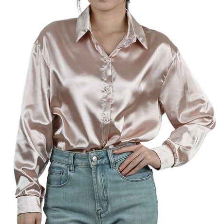 SilkAura™ imitation silk blouse in soft pink, featuring a turn-down collar and loose fit, perfect for business casual wear.