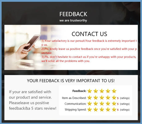 Customer feedback request graphic highlighting satisfaction, contact details, and rating system for product service.