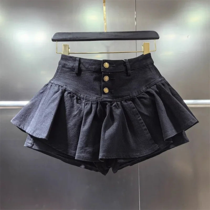 PuffyBelt™ – Puffy Layered Denim Skirt (Black A-line, High Waist)