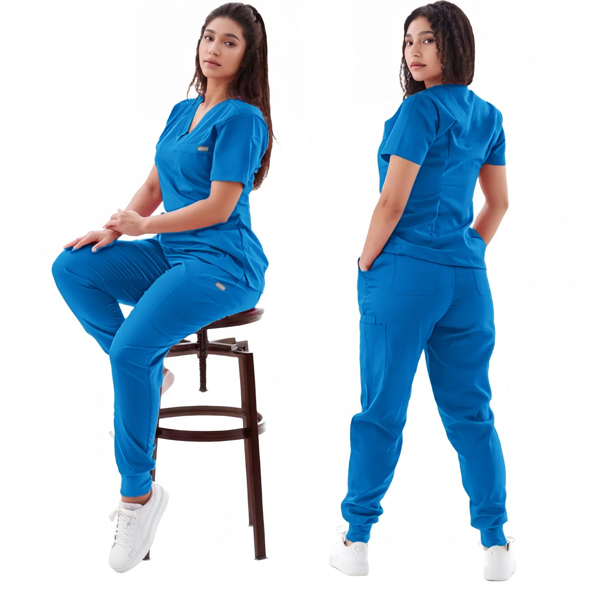 Women wearing breathable blue medical scrub sets, showcasing elastic short sleeves and stylish design.