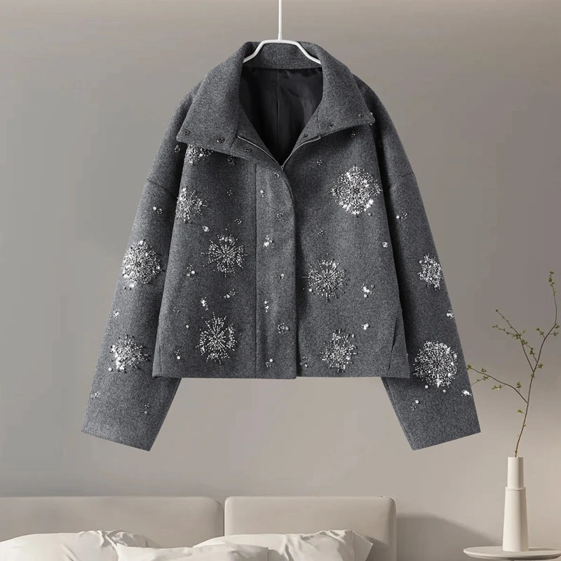 Casual Embroidered Wool Blend Bat Sleeve Coat