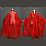 Women’s Classical Hanfu costume in vibrant red, featuring flowing sleeves perfect for stage performances and cultural events.