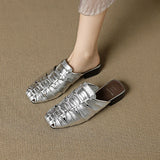 Women Mules Leather Block Heel Sandals