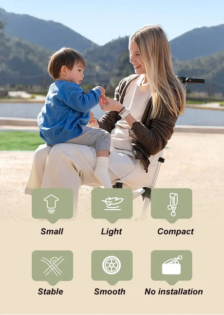Mother with child enjoying lightweight, compact travel stroller outdoors with features highlighted.