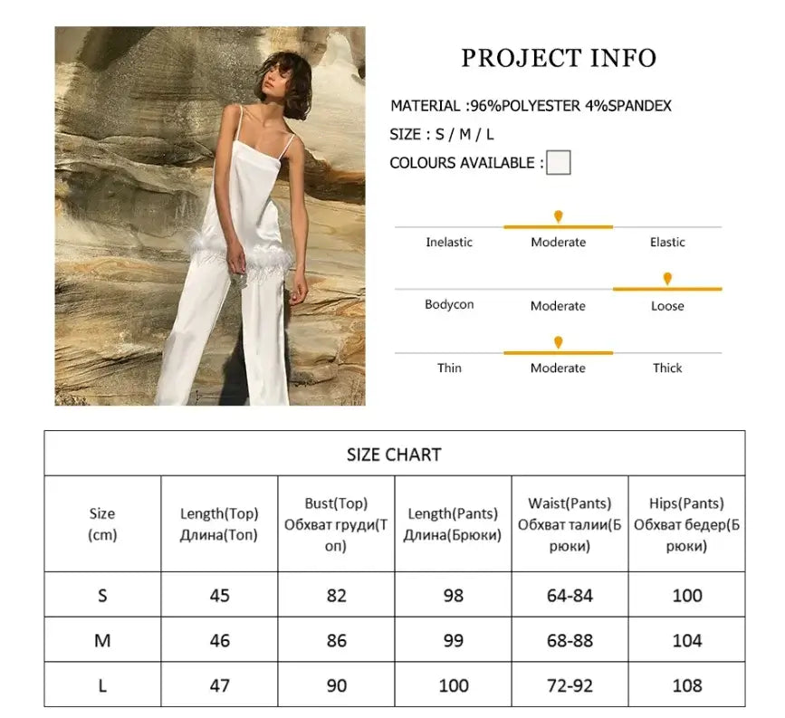 Women Satin Pajama Set with Feather Trim Pants