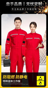 Two professionals in red anti-static flame-resistant welding suits, showcasing durable pure cotton workwear for safety.