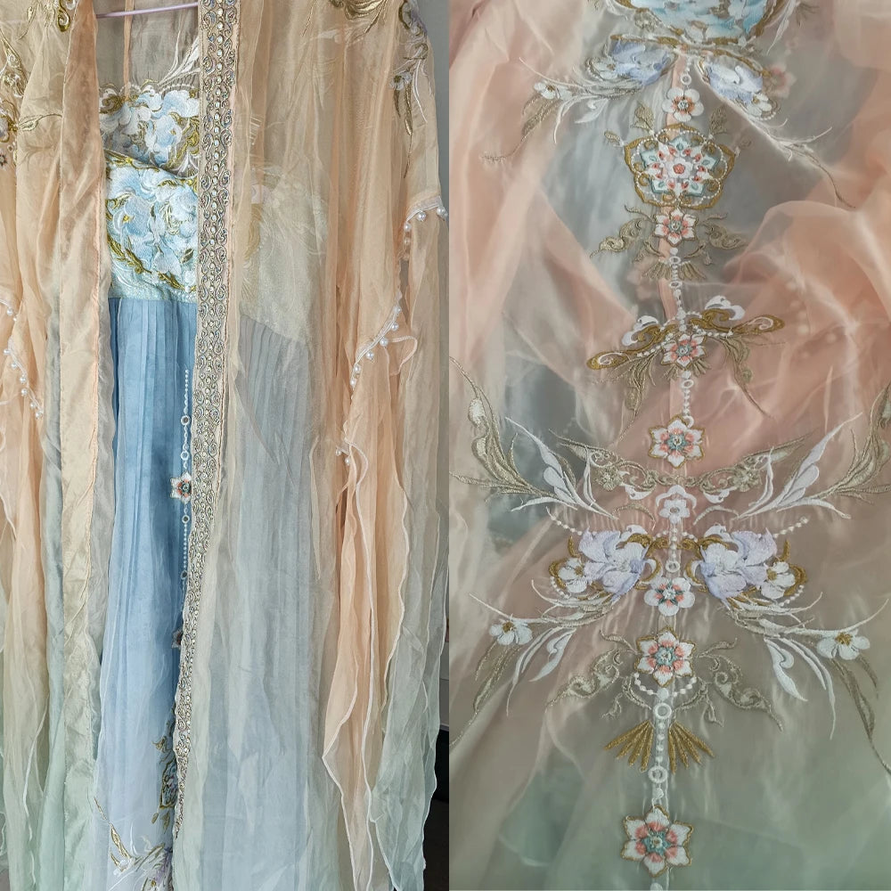 Gradient Embroidery Hanfu Carnival Costume featuring delicate floral embroidery and layered fabrics in soft pastel colors.