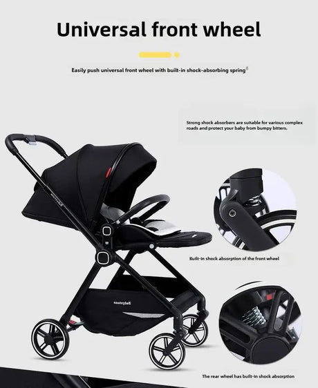 Highview Baby Stroller with universal front wheel, featuring shock absorption for a smoother ride on complex terrain.