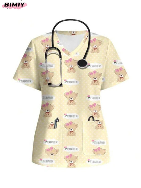 Colorful nursing scrub top featuring cute bear prints and a pocket, ideal for medical professionals.