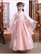 Modern Fairy Hanfu dress for girls, featuring delicate floral patterns and elegant flowy sleeves, perfect for cosplay.