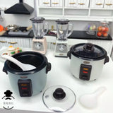 Miniature kitchen appliances including a rice cooker and blenders, perfect for pretend play and photography props.
