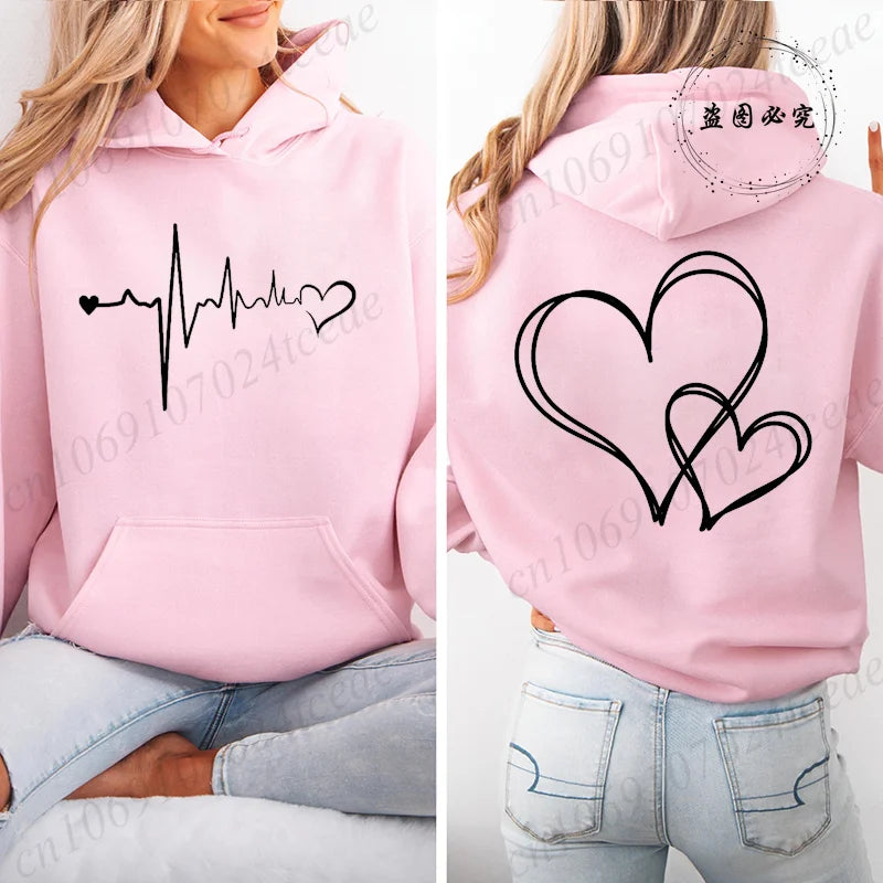 Women's Heartbeat Print Retro Hoodie
