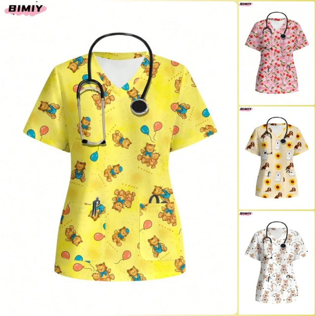 Colorful women's nursing scrub top featuring playful bear prints, perfect for medical professionals and casual wear.
