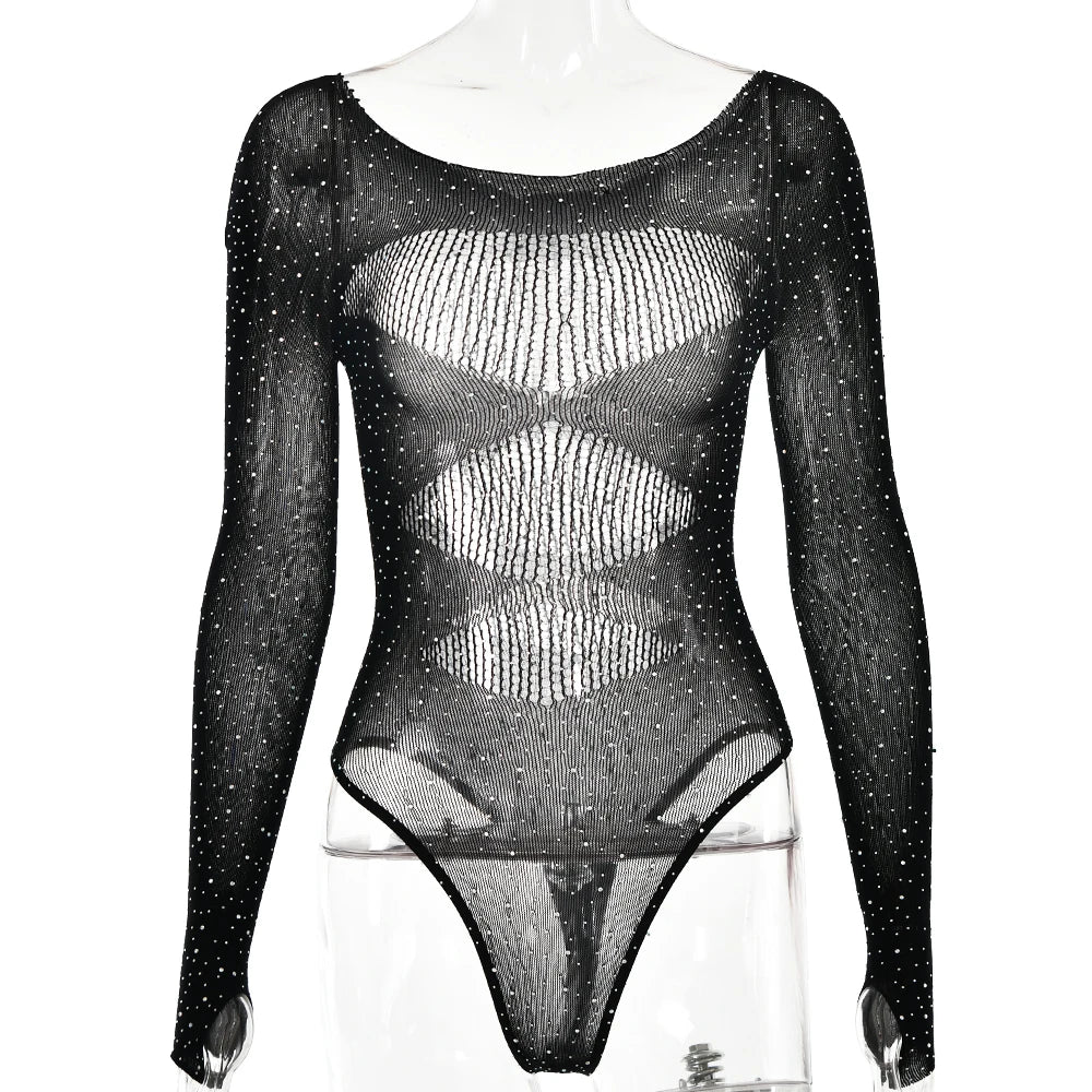 Women's Knitted Rhinestone Long Sleeve Bodysuit – Sexy Y2K Outfit