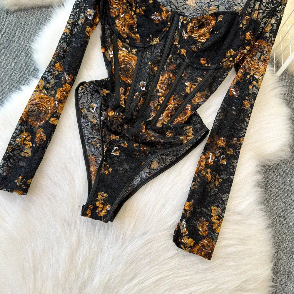 Women Square Neck Mesh Print Bodysuit