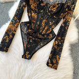 Women Square Neck Mesh Print Bodysuit