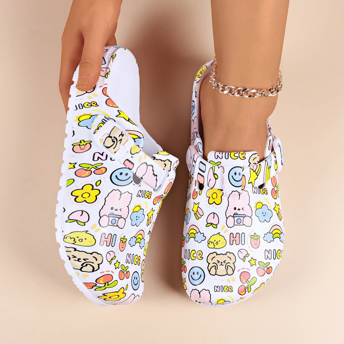 Women Cartoon Print Mule Clogs – Adjustable Buckle Beach Slippers