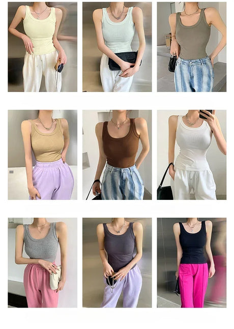 A collage of women wearing RetroRib™ 90s vintage ribbed tanks in various colors and styles, paired with casual bottoms.
