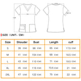 Size chart for Women's Hospital Nurse Scrubs in various sizes including S, M, L, XL, and 2XL.