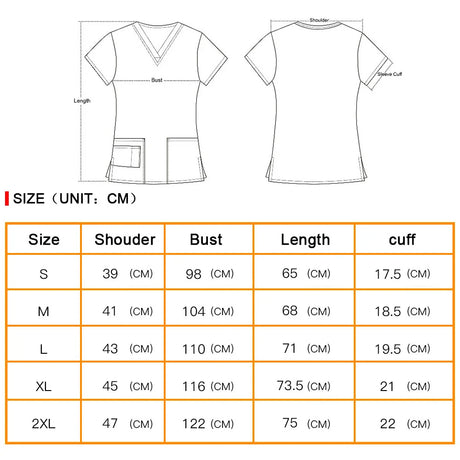 Size chart for Women's Hospital Nurse Scrubs in various sizes including S, M, L, XL, and 2XL.