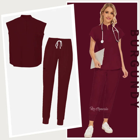 Burgundy elastic medical scrub set featuring top and pants, perfect for healthcare professionals and beauty services.