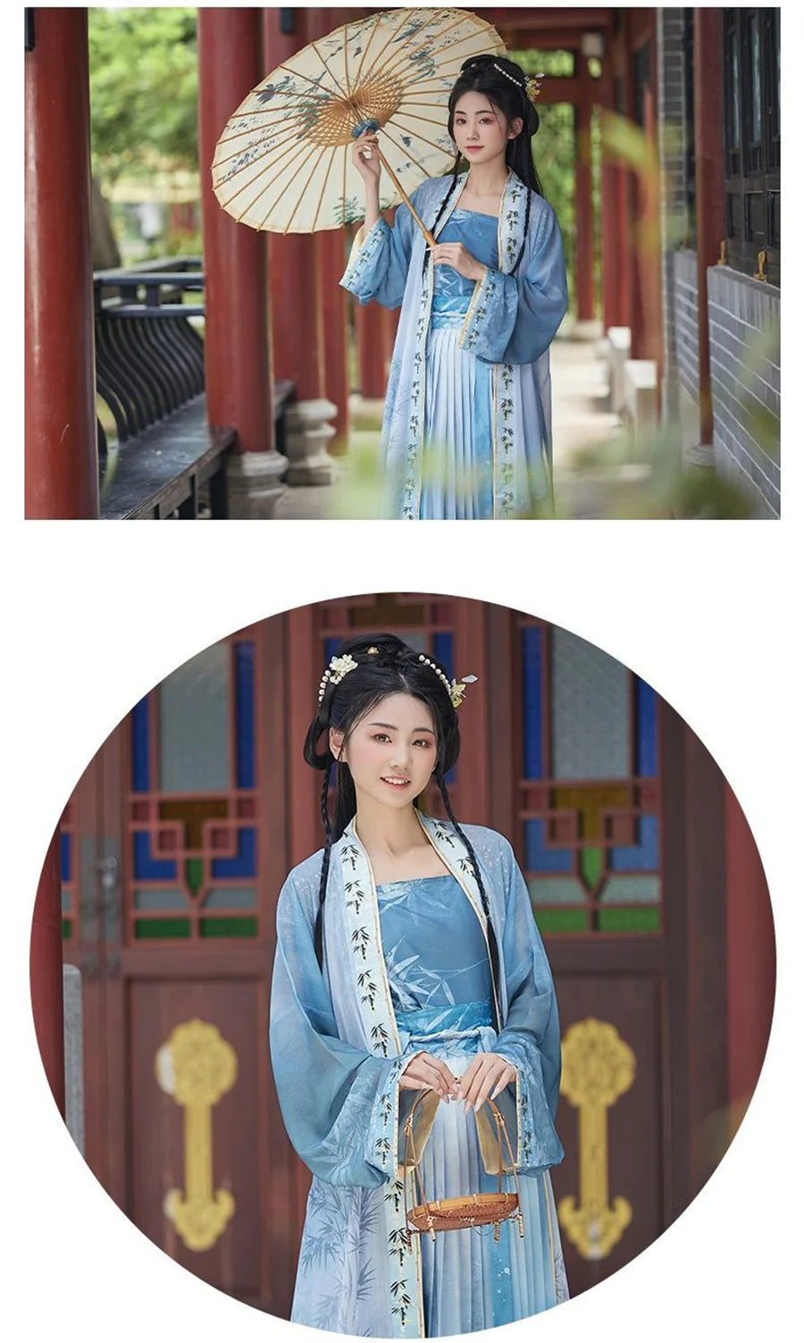 Women’s Hanfu cosplay in blue dress with parasol, showcasing elegant traditional Chinese style.