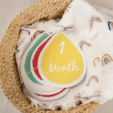 Colorful newborn milestone cards in a woven basket, featuring the text '1 Month' for baby photography.