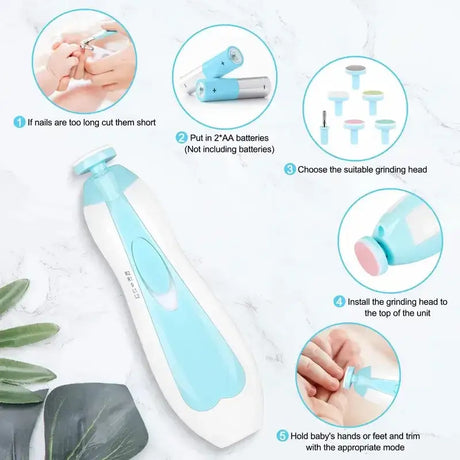 Baby electric nail trimmer instructions: battery installation, grinding head selection, and safe use for baby nail care.