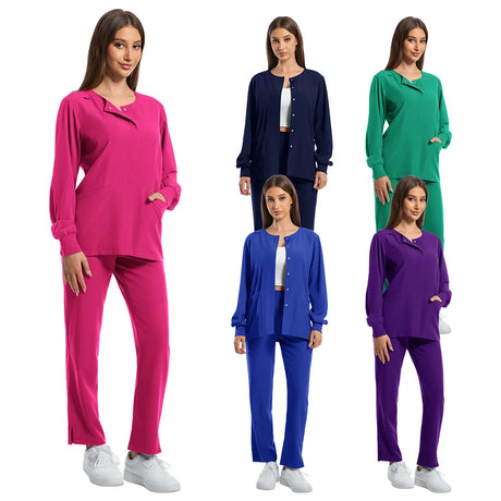 Dustproof nursing scrubs set in various colors for women, featuring long sleeves and breathable fabric.