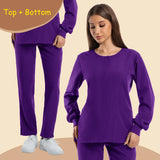 Women’s long sleeve purple surgical scrubs set, featuring breathable fabric and pockets for medical professionals.