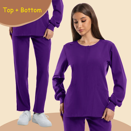 Women’s long sleeve purple surgical scrubs set, featuring breathable fabric and pockets for medical professionals.
