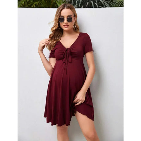 Pure Color V-Neck Maternity Dress in burgundy, knee-length, ideal for summer, perfect fit for plus size women.