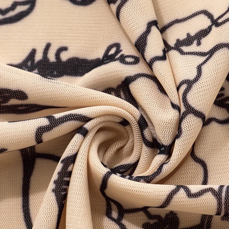 Close-up of swirl-patterned beige fabric, featuring a textured mesh design, ideal for a tube crop tank top.
