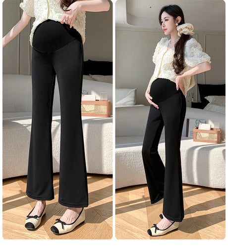 Y2K bootcut maternity pants in black ice silk, perfect for summer, designed for comfort and style for women.