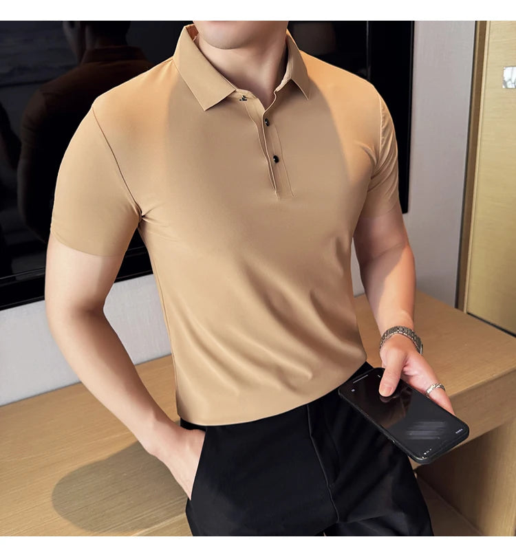 Men Ice Silk Polo Shirt Brown Top
