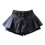 PuffyBelt™ – Puffy Layered Denim Skirt (Black A-line, High Waist)
