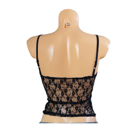 Back view of LaceMuse™ vintage fairycore spaghetti strap top in sheer lace, perfect for summer outfits.