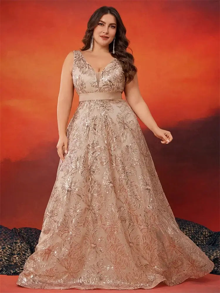 Women Plus Size V-Back Sequin Evening Cocktail Dress