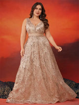 Women Plus Size V-Back Sequin Evening Cocktail Dress