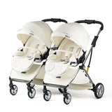 Twins baby stroller in white, featuring foldable aluminum alloy frame and double seats, suitable for infants and toddlers.