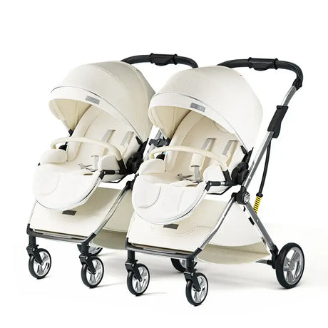 Twins baby stroller in white, featuring foldable aluminum alloy frame and double seats, suitable for infants and toddlers.