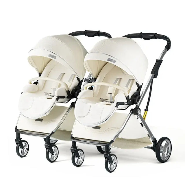 Twins baby stroller in white, featuring foldable aluminum alloy frame and double seats, suitable for infants and toddlers.