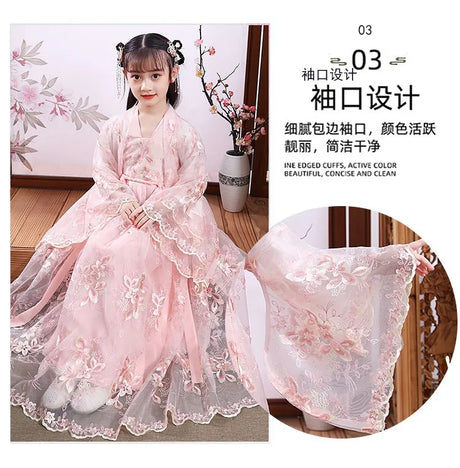 Modern Fairy Hanfu girls cosplay dress, featuring delicate pink floral design, perfect for kids' costumes.