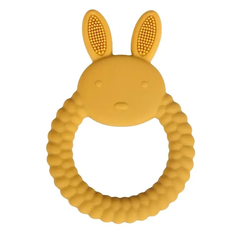 Soft silicone baby teether glove in yellow with bunny ears for soothing teething pain.