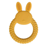 Soft silicone baby teether glove in yellow with bunny ears for soothing teething pain.