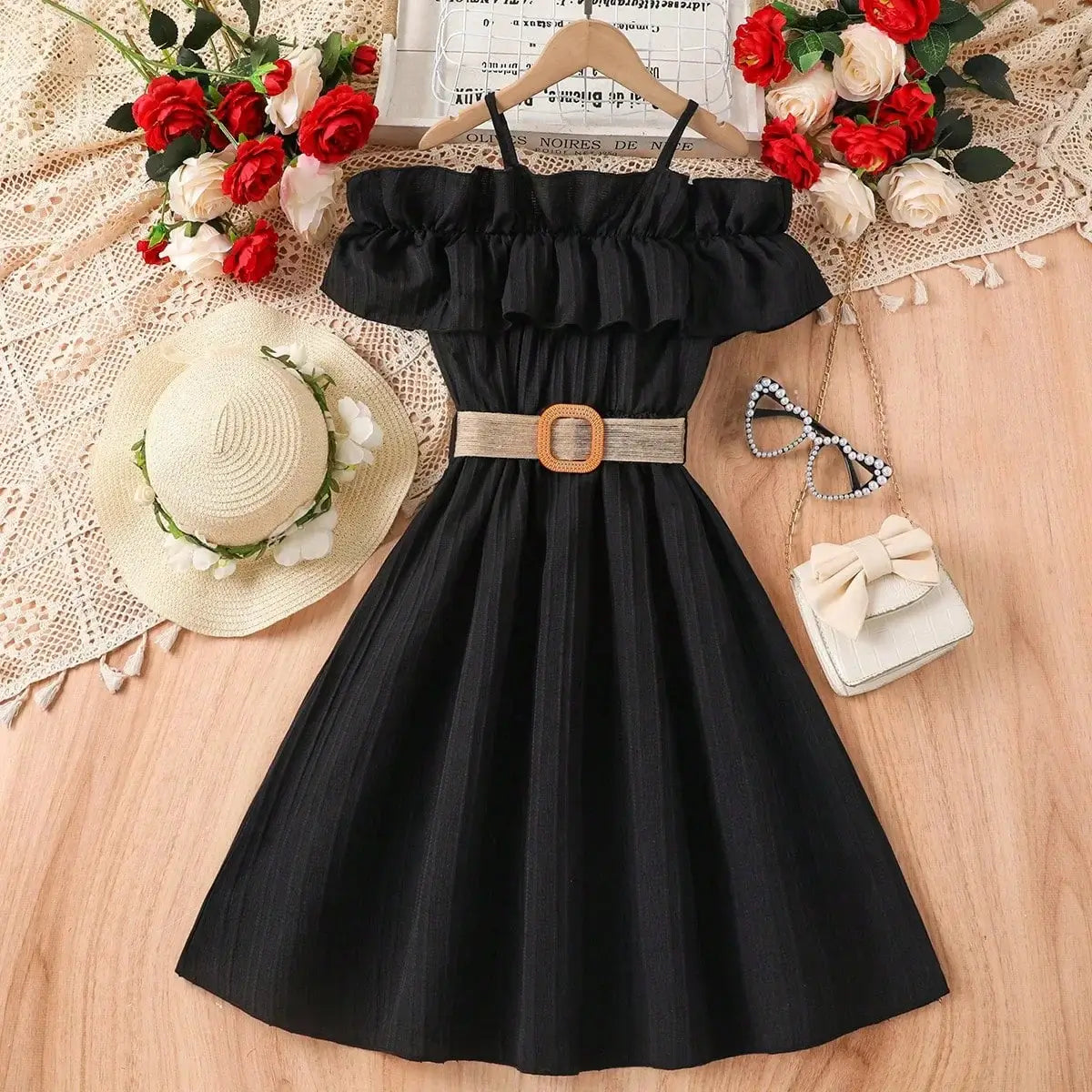 Girls casual black dress with one-shoulder strap, ruffle top, and belt, perfect for summer style.